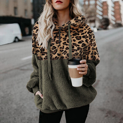 Casual Loose βελούδινα Leopard Patchwork Hoodies Γυναικείες μπλούζες με φερμουάρ Μακρυμάνικο κορδόνι με κουκούλα ζεστό φούτερ με τσέπες φθινόπωρο