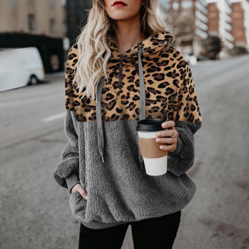 Casual Loose βελούδινα Leopard Patchwork Hoodies Γυναικείες μπλούζες με φερμουάρ Μακρυμάνικο κορδόνι με κουκούλα ζεστό φούτερ με τσέπες φθινόπωρο