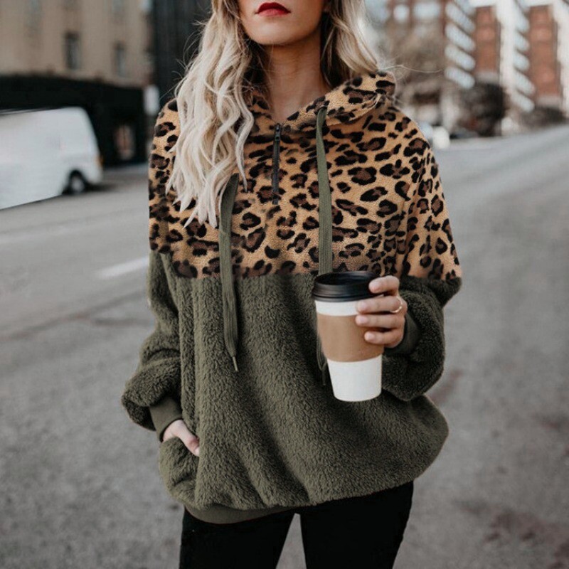 Casual Loose βελούδινα Leopard Patchwork Hoodies Γυναικείες μπλούζες με φερμουάρ Μακρυμάνικο κορδόνι με κουκούλα ζεστό φούτερ με τσέπες φθινόπωρο