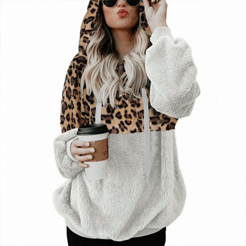 Casual Loose βελούδινα Leopard Patchwork Hoodies Γυναικείες μπλούζες με φερμουάρ Μακρυμάνικο κορδόνι με κουκούλα ζεστό φούτερ με τσέπες φθινόπωρο