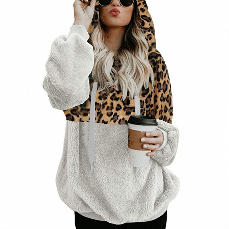 Casual Loose βελούδινα Leopard Patchwork Hoodies Γυναικείες μπλούζες με φερμουάρ Μακρυμάνικο κορδόνι με κουκούλα ζεστό φούτερ με τσέπες φθινόπωρο