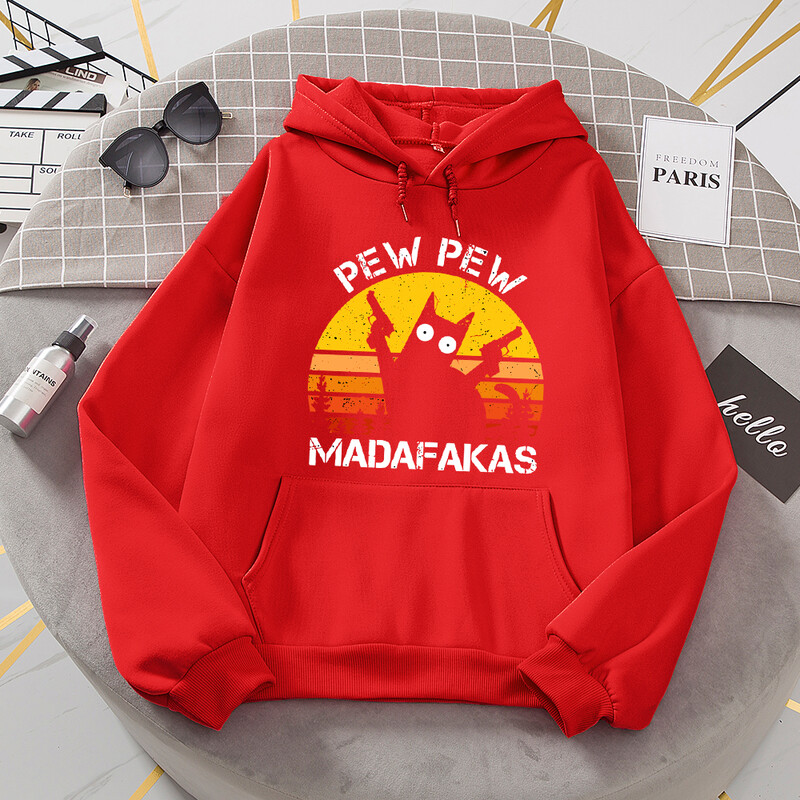 Pew Pew Madafakas Cat With Two Guns Hoodies Γυναικεία Casual Fashion All Match Hoody Fleece Ζεστά νέα πουλόβερ Harajuku Trend με κουκούλα