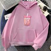 Roosa Axolotl Eating Bubble Boba Milk Tea Hoodies Kawaii Cartoon Girls kapuutsiga Pullover Talvefliisist pikkade varrukatega dressipluus naistele