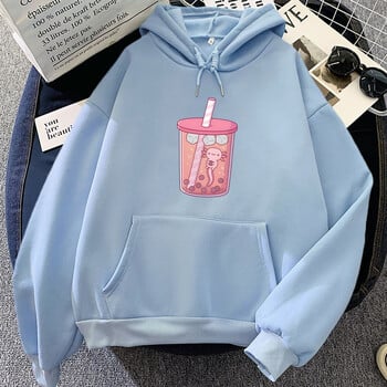 Pink Axolotl Eating Bubble Boba Milk Tea Hoodies Kawaii Cartoon Girls Hooded Pulover Winter Fleece Sweatshirt Women