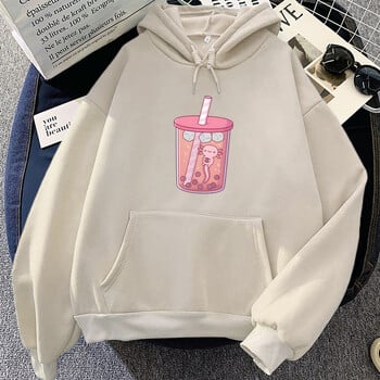 Pink Axolotl Eating Bubble Boba Milk Tea Hoodies Kawaii Cartoon Girls Hooded Pulover Winter Fleece Sweatshirt Women