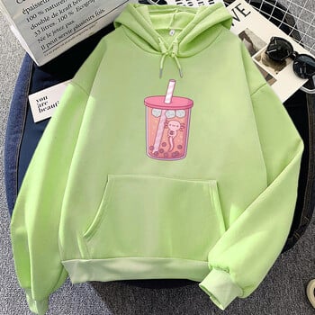 Pink Axolotl Eating Bubble Boba Milk Tea Hoodies Kawaii Cartoon Girls Hooded Pulover Winter Fleece Sweatshirt Women