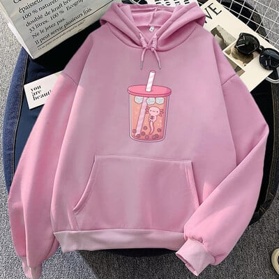 Roosa Axolotl Eating Bubble Boba Milk Tea Hoodies Kawaii Cartoon Girls kapuutsiga Pullover Talvefliisist pikkade varrukatega dressipluus naistele