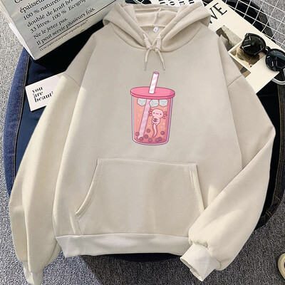 Roosa Axolotl Eating Bubble Boba Milk Tea Hoodies Kawaii Cartoon Girls kapuutsiga Pullover Talvefliisist pikkade varrukatega dressipluus naistele