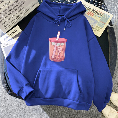 Roosa Axolotl Eating Bubble Boba Milk Tea Hoodies Kawaii Cartoon Girls kapuutsiga Pullover Talvefliisist pikkade varrukatega dressipluus naistele