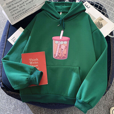 Roosa Axolotl Eating Bubble Boba Milk Tea Hoodies Kawaii Cartoon Girls kapuutsiga Pullover Talvefliisist pikkade varrukatega dressipluus naistele