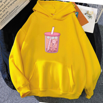 Roosa Axolotl Eating Bubble Boba Milk Tea Hoodies Kawaii Cartoon Girls kapuutsiga Pullover Talvefliisist pikkade varrukatega dressipluus naistele