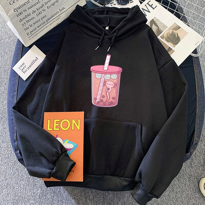 Roosa Axolotl Eating Bubble Boba Milk Tea Hoodies Kawaii Cartoon Girls kapuutsiga Pullover Talvefliisist pikkade varrukatega dressipluus naistele