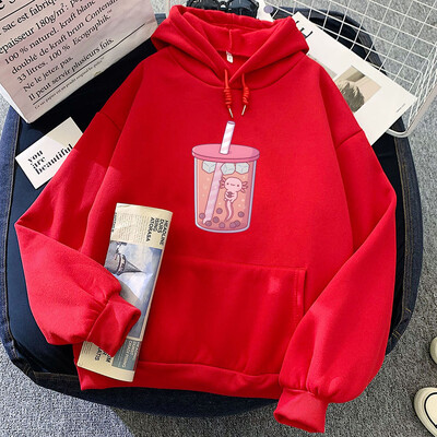 Roosa Axolotl Eating Bubble Boba Milk Tea Hoodies Kawaii Cartoon Girls kapuutsiga Pullover Talvefliisist pikkade varrukatega dressipluus naistele