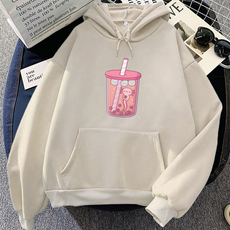 Ροζ Axolotl Eating Bubble Boba Milk Tea Hoodies Kawaii Cartoon Girls με κουκούλα πουλόβερ χειμερινό μακρυμάνικο φούτερ Γυναικεία