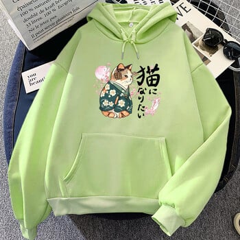 Ukiyoe Style Kanji Cat Printing Hoodies Japanese Blossom Sakura Graphic Sweatshirts Ежедневни дамски/мъжки дрехи Пуловери с карикатури