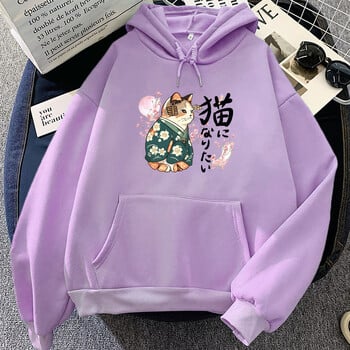 Ukiyoe Style Kanji Cat Printing Hoodies Japanese Blossom Sakura Graphic Sweatshirts Ежедневни дамски/мъжки дрехи Пуловери с карикатури