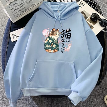 Ukiyoe Style Kanji Cat Printing Hoodies Japanese Blossom Sakura Graphic Sweatshirts Ежедневни дамски/мъжки дрехи Пуловери с карикатури