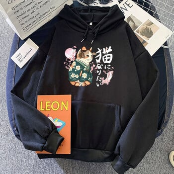 Ukiyoe Style Kanji Cat Printing Hoodies Japanese Blossom Sakura Graphic Sweatshirts Ежедневни дамски/мъжки дрехи Пуловери с карикатури