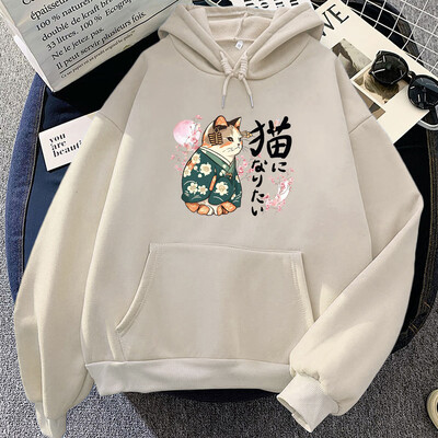 Ukiyoe Style Kanji Cat Φούτερ για εκτύπωση με κουκούλα Ιαπωνικά Blossom Sakura Γραφικά φούτερ Casual Γυναικεία/Ανδρικά ρούχα Πουλόβερ κινουμένων σχεδίων