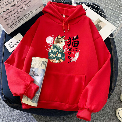 Ukiyoe Style Kanji Cat Φούτερ για εκτύπωση με κουκούλα Ιαπωνικά Blossom Sakura Γραφικά φούτερ Casual Γυναικεία/Ανδρικά ρούχα Πουλόβερ κινουμένων σχεδίων