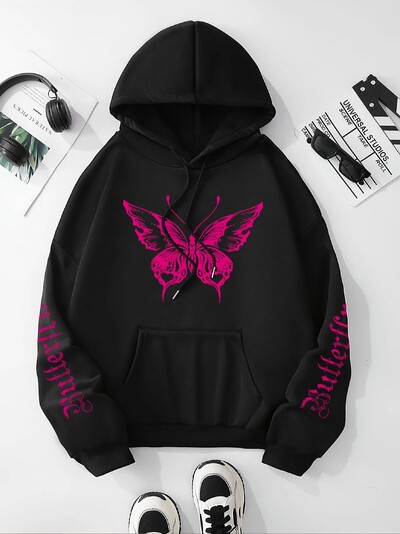 Hanorac cu șnur cu imprimeu fluture și litere, Hanorac casual cu mânecă lungă cu buzunar cangur, îmbrăcăminte pentru femei