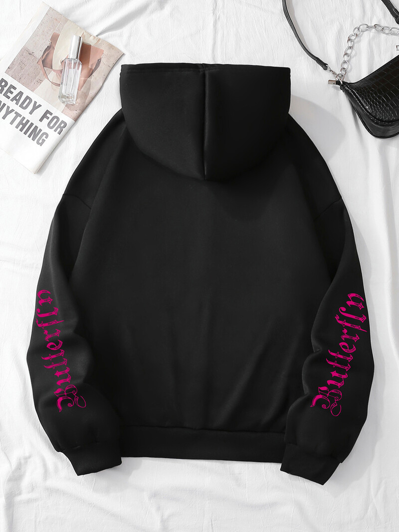 Hanorac cu șnur cu imprimeu fluture și litere, Hanorac casual cu mânecă lungă cu buzunar cangur, îmbrăcăminte pentru femei