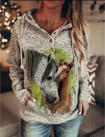 Horse 3d Print Hoodie Дамски модни суичъри с качулка Анцуг с животни Vintage Hoodie Дамско пот Есенно зимно палто Дрехи