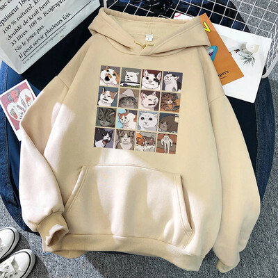 Vicces mémmacskák Rajzfilmek Nyomtatás Női kapucnis Hip Hop Crewneck kapucnis pulóverek Túlméretes polár pulóverek Divat Alkalmi női sportruházat