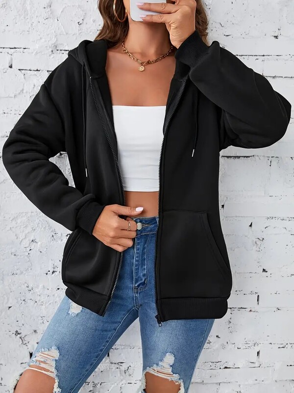 Masszív húzózsinóros kapucnis női őszi és téli bársonyos, vastag ujjú, cipzáras pulóver