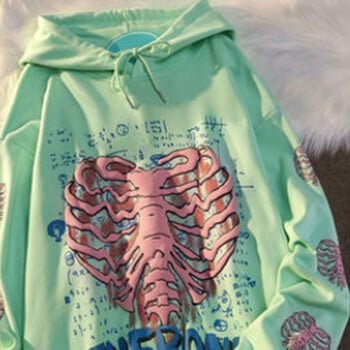 Y2K Pink Skeleton Hoodies Дамски есенен пуловер Streetwear Готически суичъри Harajuku Grunge Oversized Winter Hoodies Female