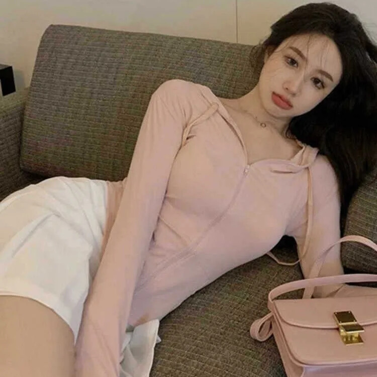 Ροζ Pure Desire Spicy Girl με κουκούλα Ζακέτα με φερμουάρ Γυναικείο καλοκαιρινό αδυνατιστικό αντηλιακό κοντό αθλητικό τοπ