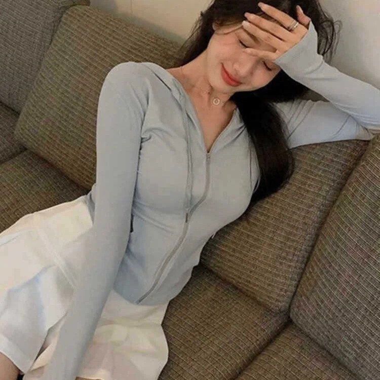 Ροζ Pure Desire Spicy Girl με κουκούλα Ζακέτα με φερμουάρ Γυναικείο καλοκαιρινό αδυνατιστικό αντηλιακό κοντό αθλητικό τοπ