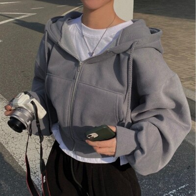 Φθινοπωρινά χειμερινά γυναικεία φούτερ Μόδα μονόχρωμα φερμουάρ Μακρυμάνικο Y2K Streetwear με κουκούλα Κομψά κομψά ζεστά μπουφάν με κουκούλα