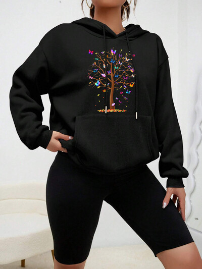 The Blooming Butterfly Tree Print Clothes Женски забавни ежедневни Streetwear Есенна поларена суичър с качулка Многоцветен спортен стил Дамска качулка