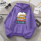 Balts kaķis guļ uz grāmatu kaudzes Hoodies Sieviešu Jaunumi Modes Kapucis Brīvi Lielizmēra Pamata Jauns Hoodie Ikdienas flīsa apģērbi