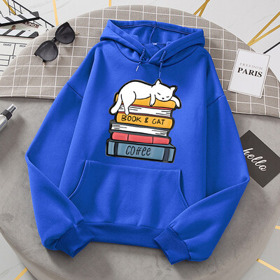 Balts kaķis guļ uz grāmatu kaudzes Hoodies Sieviešu Jaunumi Modes Kapucis Brīvi Lielizmēra Pamata Jauns Hoodie Ikdienas flīsa apģērbi