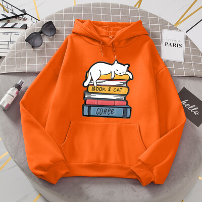 Balts kaķis guļ uz grāmatu kaudzes Hoodies Sieviešu Jaunumi Modes Kapucis Brīvi Lielizmēra Pamata Jauns Hoodie Ikdienas flīsa apģērbi