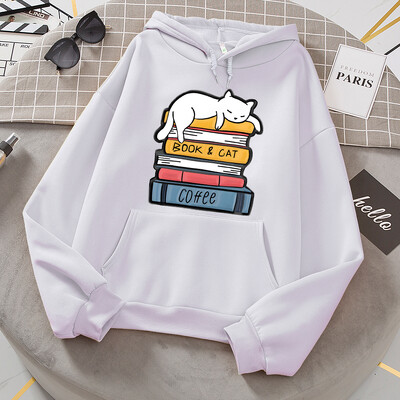 Balts kaķis guļ uz grāmatu kaudzes Hoodies Sieviešu Jaunumi Modes Kapucis Brīvi Lielizmēra Pamata Jauns Hoodie Ikdienas flīsa apģērbi