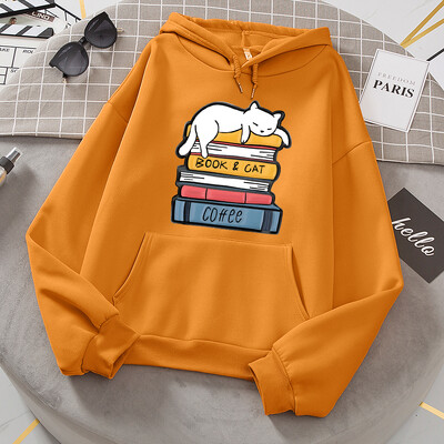 Balts kaķis guļ uz grāmatu kaudzes Hoodies Sieviešu Jaunumi Modes Kapucis Brīvi Lielizmēra Pamata Jauns Hoodie Ikdienas flīsa apģērbi