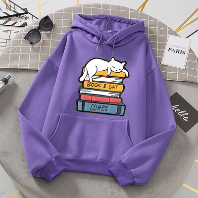 Balts kaķis guļ uz grāmatu kaudzes Hoodies Sieviešu Jaunumi Modes Kapucis Brīvi Lielizmēra Pamata Jauns Hoodie Ikdienas flīsa apģērbi