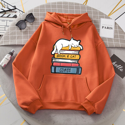 Balts kaķis guļ uz grāmatu kaudzes Hoodies Sieviešu Jaunumi Modes Kapucis Brīvi Lielizmēra Pamata Jauns Hoodie Ikdienas flīsa apģērbi