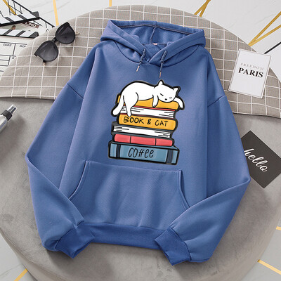 Balts kaķis guļ uz grāmatu kaudzes Hoodies Sieviešu Jaunumi Modes Kapucis Brīvi Lielizmēra Pamata Jauns Hoodie Ikdienas flīsa apģērbi