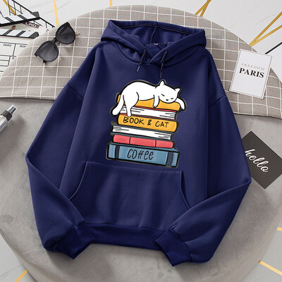 Balts kaķis guļ uz grāmatu kaudzes Hoodies Sieviešu Jaunumi Modes Kapucis Brīvi Lielizmēra Pamata Jauns Hoodie Ikdienas flīsa apģērbi