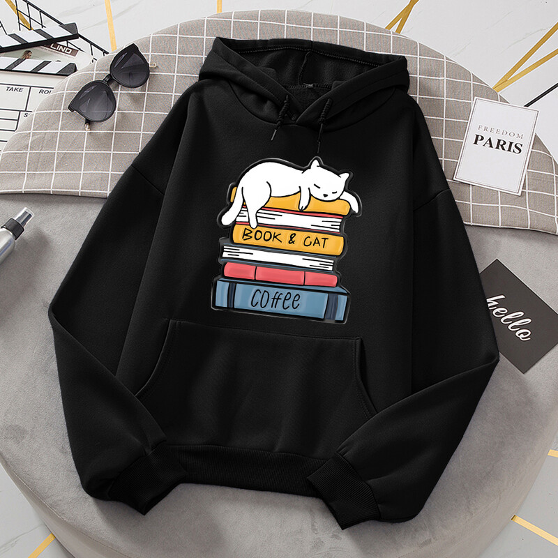 Balts kaķis guļ uz grāmatu kaudzes Hoodies Sieviešu Jaunumi Modes Kapucis Brīvi Lielizmēra Pamata Jauns Hoodie Ikdienas flīsa apģērbi