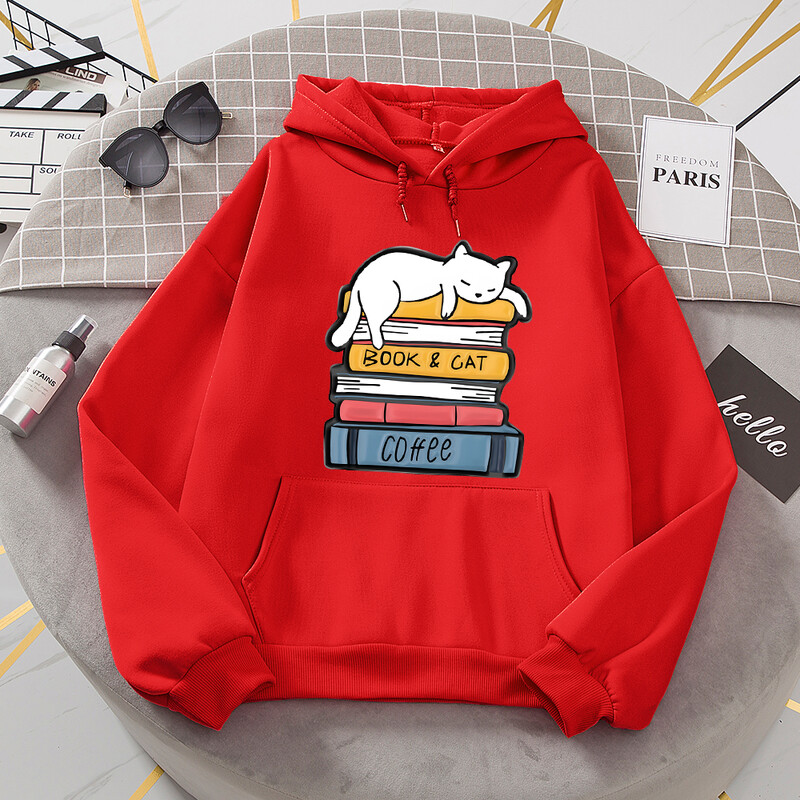Balts kaķis guļ uz grāmatu kaudzes Hoodies Sieviešu Jaunumi Modes Kapucis Brīvi Lielizmēra Pamata Jauns Hoodie Ikdienas flīsa apģērbi