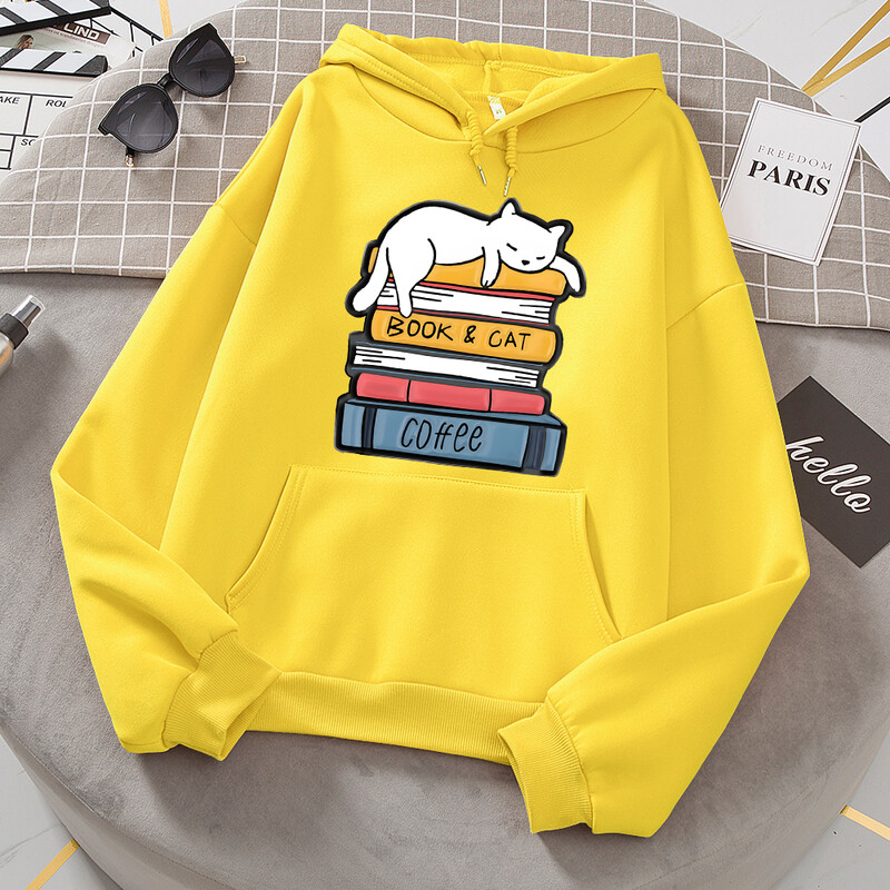Balts kaķis guļ uz grāmatu kaudzes Hoodies Sieviešu Jaunumi Modes Kapucis Brīvi Lielizmēra Pamata Jauns Hoodie Ikdienas flīsa apģērbi