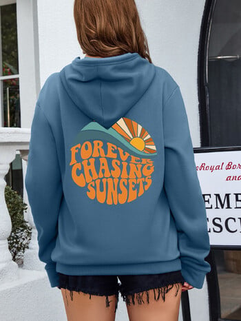 Forever Chasing Sunsets Pattern Printing Дамски суичъри с качулка с дълги ръкави, джобове Топъл пуловер Модни ежедневни дрехи