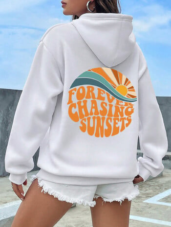 Forever Chasing Sunsets Pattern Printing Дамски суичъри с качулка с дълги ръкави, джобове Топъл пуловер Модни ежедневни дрехи