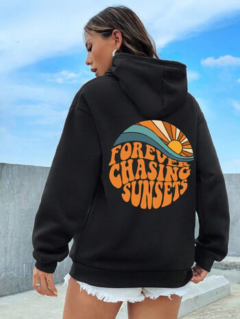 Forever Chasing Sunsets Pattern Printing Дамски суичъри с качулка с дълги ръкави, джобове Топъл пуловер Модни ежедневни дрехи