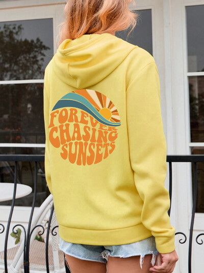 Forever Chasing Sunsets Pattern Printing Дамски суичъри с качулка с дълги ръкави, джобове Топъл пуловер Модни ежедневни дрехи